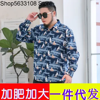 

Autumn All Cotton Floral plus size Fat Man Shirt Pure Cotton Printing Plus Fat Plus Large Size Fat Cotton Long Sleeve Shirt
