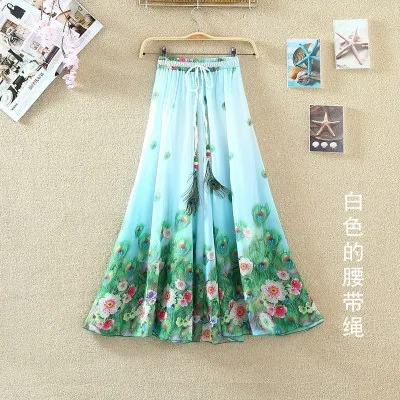 qianlanse xingxing Харадзюку Винтаж Макси Юбки Женские однотонные Boho шифон Saia Longa Лето Тюль повседневные богемные длинные юбки женская одежда - Цвет: qianlanse xingxing