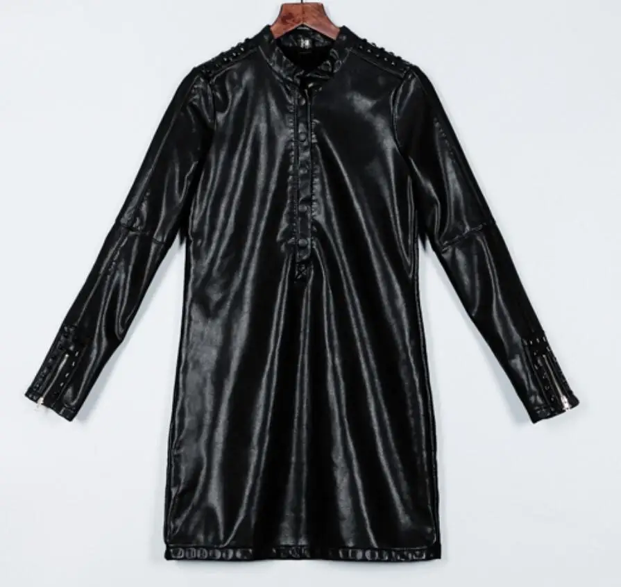 Размера плюс 5XL! ; Новая модная зимняя обувь с заклепками и с длинными искусственная кожа рубашка женская тонкая Блуза Топ - Цвет: black