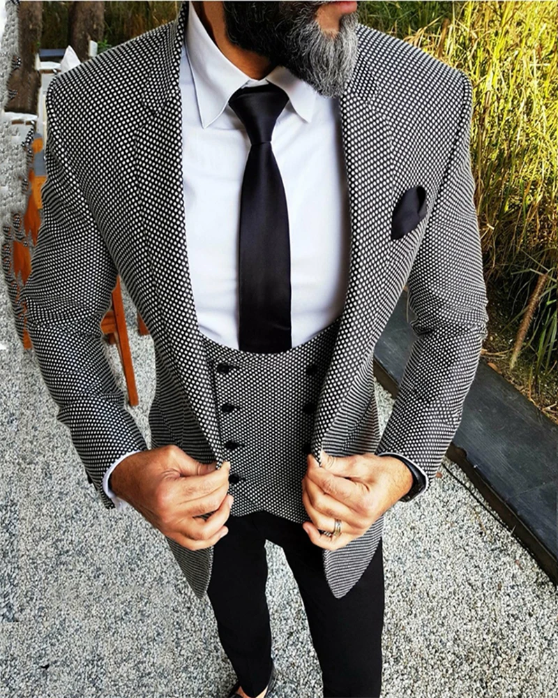 

Black Grid Notched Lapel Coat Full Men Suits 3pcs Slim Fit Costume Wedding Dress Groom Tuxedos Prom Suits Jacket+Pants+Vest+Tie