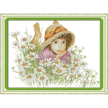 

A little girl in the flowers Chinese cross stitch kits Ecological cotton stamped printed 14 11CT DIY wedding decoration for home