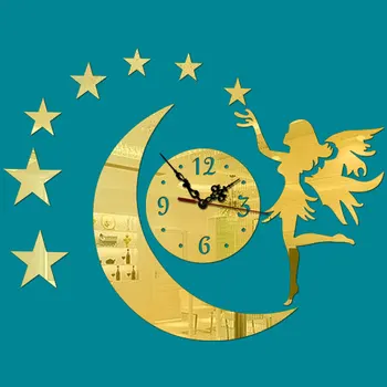 

3D Stereo Acrylic Mirror Fairy Moon Living Room Decorative Mirror Wall Clock Digital 9 Mm Sheet Loudspeaker Mute Europe