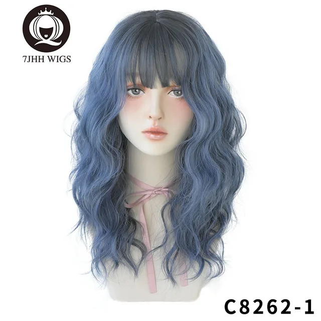 7JHH WIGS Blue Deep Wave Wig With Bangs For Women Long Omber Brown Hair Layered Heat Resistant Cosplay Party Synthetic Wig QP-4220-10A-25-R