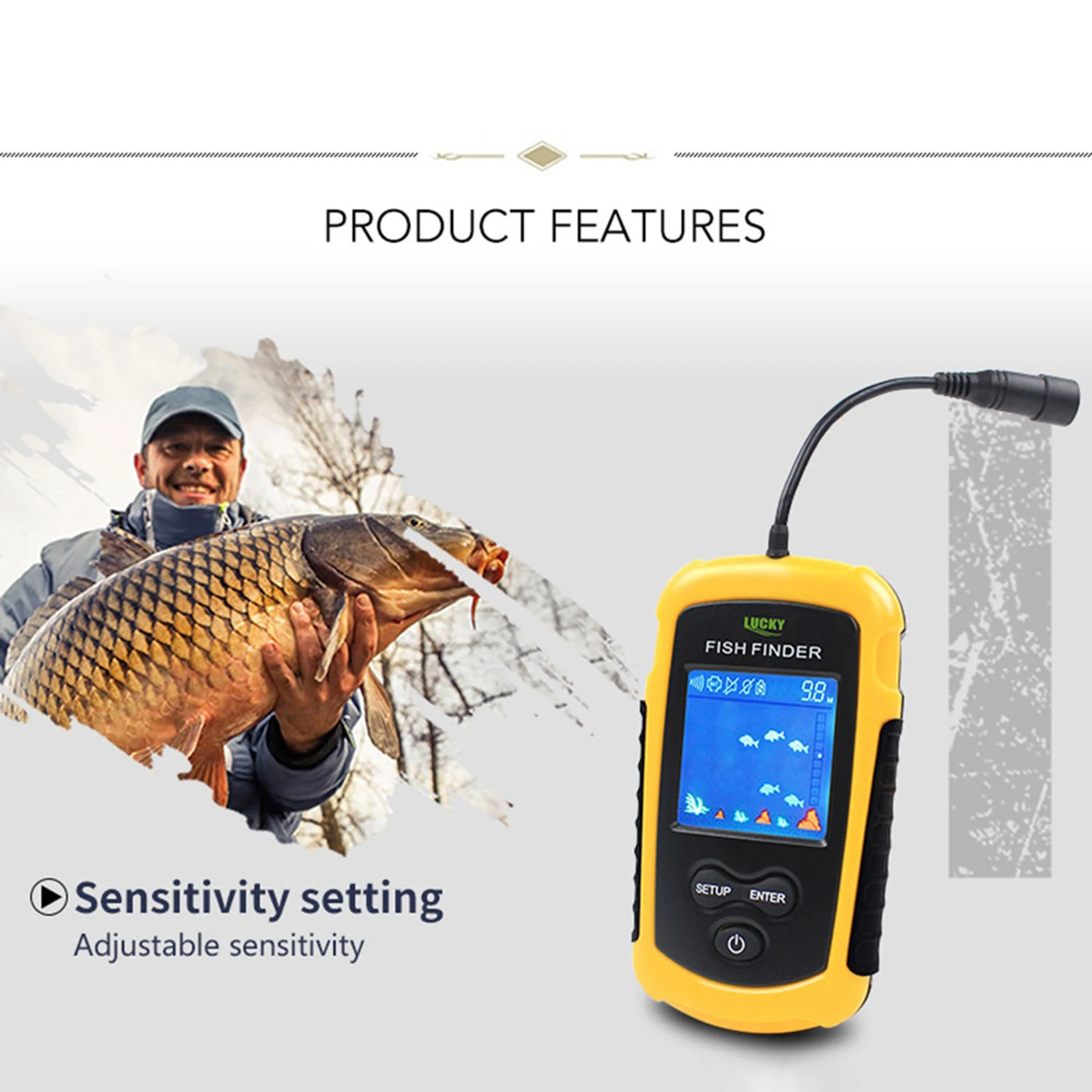 LCD Wired Fish Finder 100M/328FT Depth Range Sonar Sounders Fishfinder.