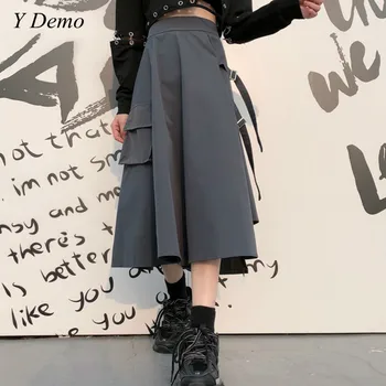 

New Knee Length A Line Skirt Ninja Handsome Women Ribbon Buckles Skirts