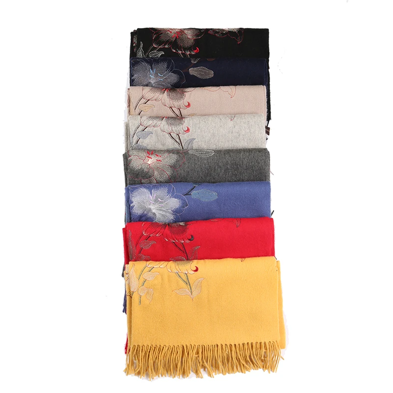 Зимний теплый однотонный шарф для женщин мягкая кашемировая шаль Цветочная вышивка кашемировые женские накидки LX90060