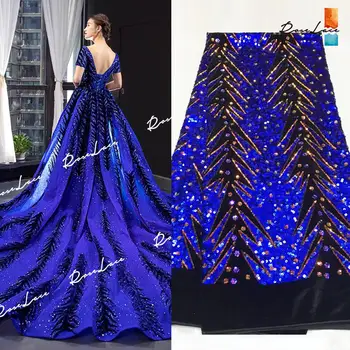 

Unique Design Sequins Velvet Lace Fabrics Royal Blue African Sequined Embroidered Velvet Lace For Wedding Bride Dress Material