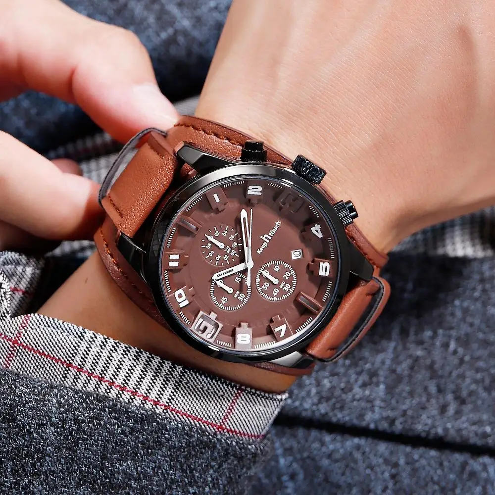 

Quartz Watch Men's Outdoor Waterproof Sports Leather Slip Belt Brown Black Color Carnival Watch 47mm Dial Diameter Red Pointer
