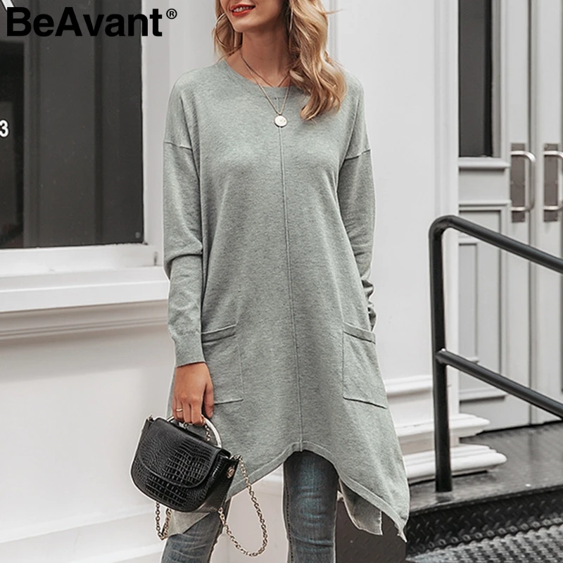 

BeAvant Elegant asymmetrical knitted pullover sweater women Autumn winter pockets long sweater Long sleeve o-neck ladies sweater