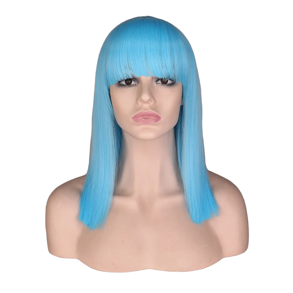 QQXCAIW короткий парик Neat Bang Bob стиль прямые женские Девушки Косплей Карнавальный Костюм светильник синий 40 см синтетические волосы парики