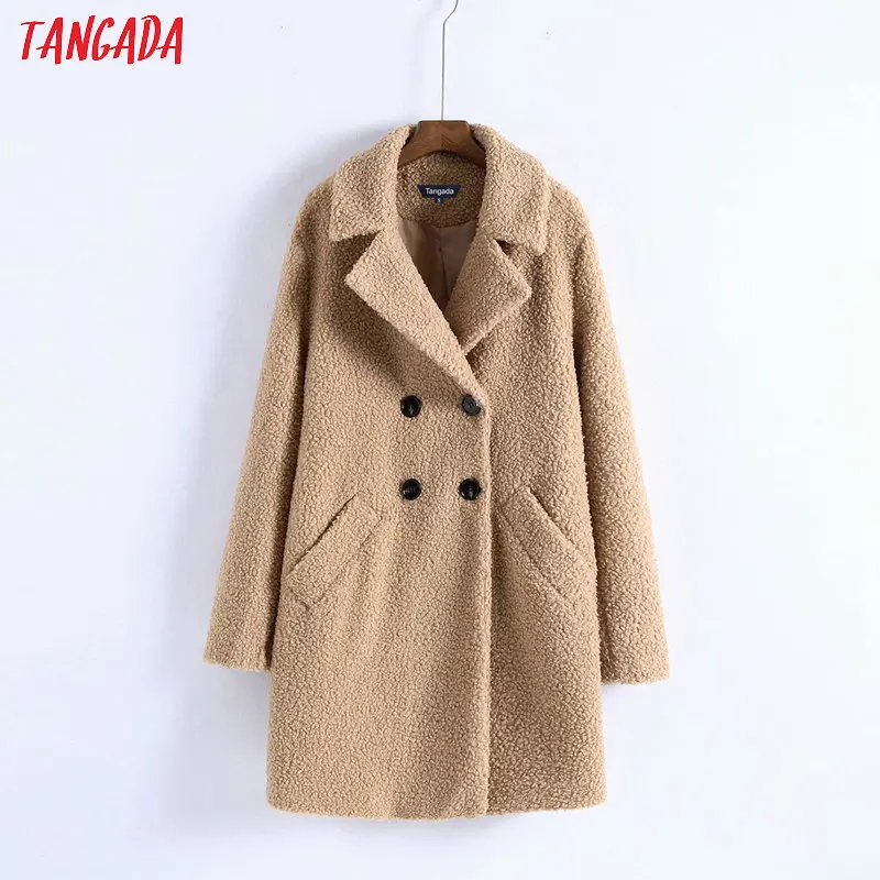 

Tangada women classic khaki long teddy coat winter female warm oversized overcoat vintage long sleeve pockets tops 6Z10