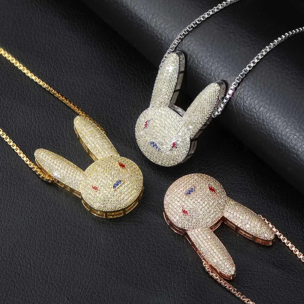 GUCY NEW Bad Bunny Pendant Necklace Iced Out AAA Cubic Zirconia Bling Men's Women Hip hop Jewelry