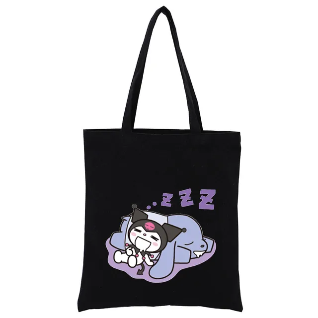 Little Black Bunny Cat Rock Reusable Shopping Bag Women Canvas Tote Bags Printing Eco Bag Cartoon Shopper Shoulder Bags Black T323-T