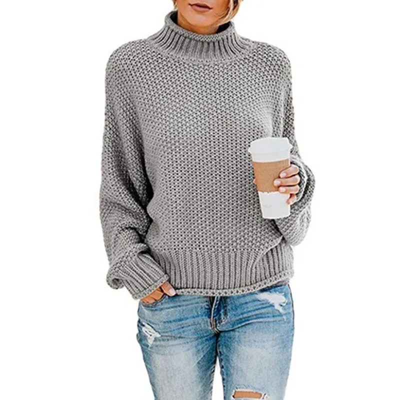 Осенний вязаный свитер для женщин, повседневный однотонный Свободный пуловер размера плюс с высоким воротом - Цвет: Grey