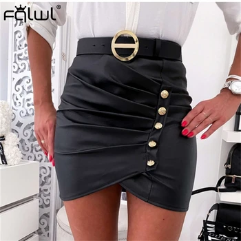 

FQLWL Pleated Black Pu Leather Skirts Womens Button Wrap Elastic High Waist Summer Skirt Female Sexy Club Party Bodycon Skirt