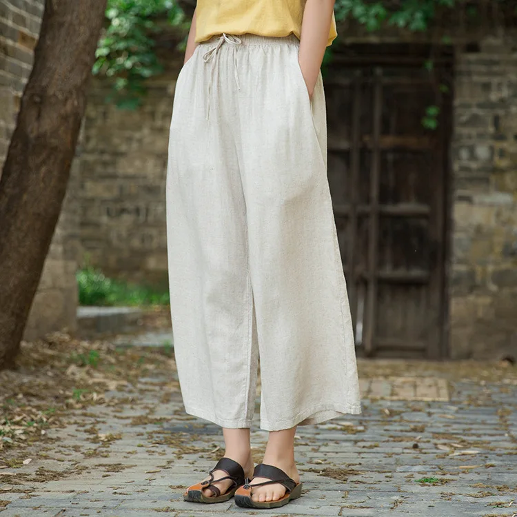 Johnature 2020 Autumn Women New Retro Elastic Waist Cotton Linen Lace Up Wide Leg Pants Loose Casual All-match Ankle-length Pant
