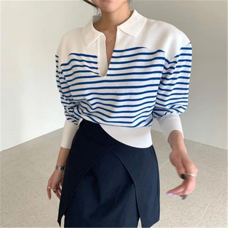 

New Retro Classic Blue Red Pinstripe Knit Sweater Women Casual Turn-down V-neck Collar Pullovers Puff Sleeve Sprots Jumper Lady