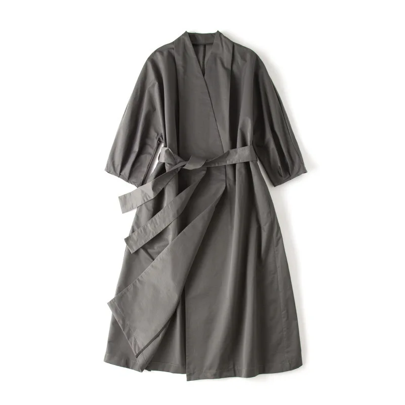 

Shuchan High Quality Trench Coat for Women Middle Age Women Coats 62% Cotton Japan Style V-Neck Adjustable Waist Wide-waisted