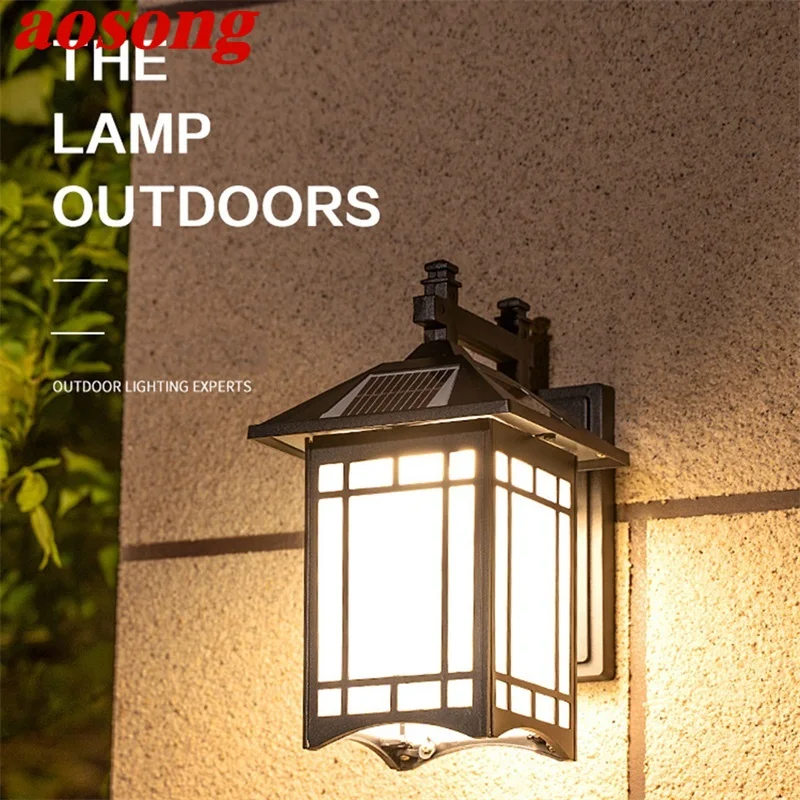 AOSONG Solar Outdoor Wall Lamp Classical Light Remote Control LED Sconces Waterproof for Home