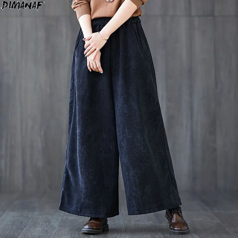 

DIMANAF Women Pants Plus Size Harem Corduroy Slacks Pants Wide Leg Pants Winter Fleece Female Elastic Waist Loose Casual Pants