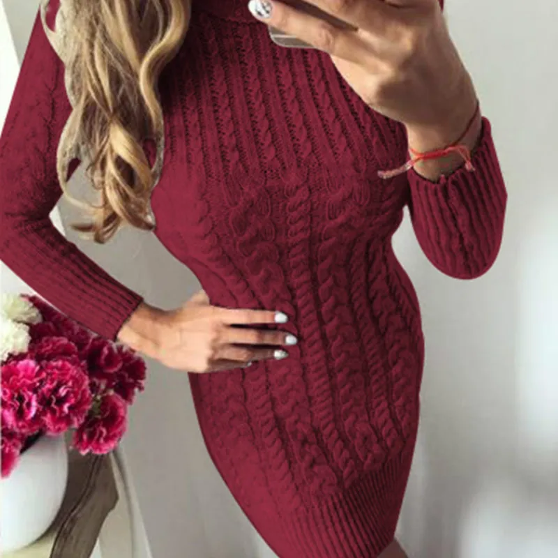 Wine Red Новое трикотажное платье с О-образным вырезом и длинным рукавом, Осень-зима, облегающее плотное теплое платье-свитер, сексуальное короткое мини тонкое облегающее женское платье GV783 - Цвет: Wine Red