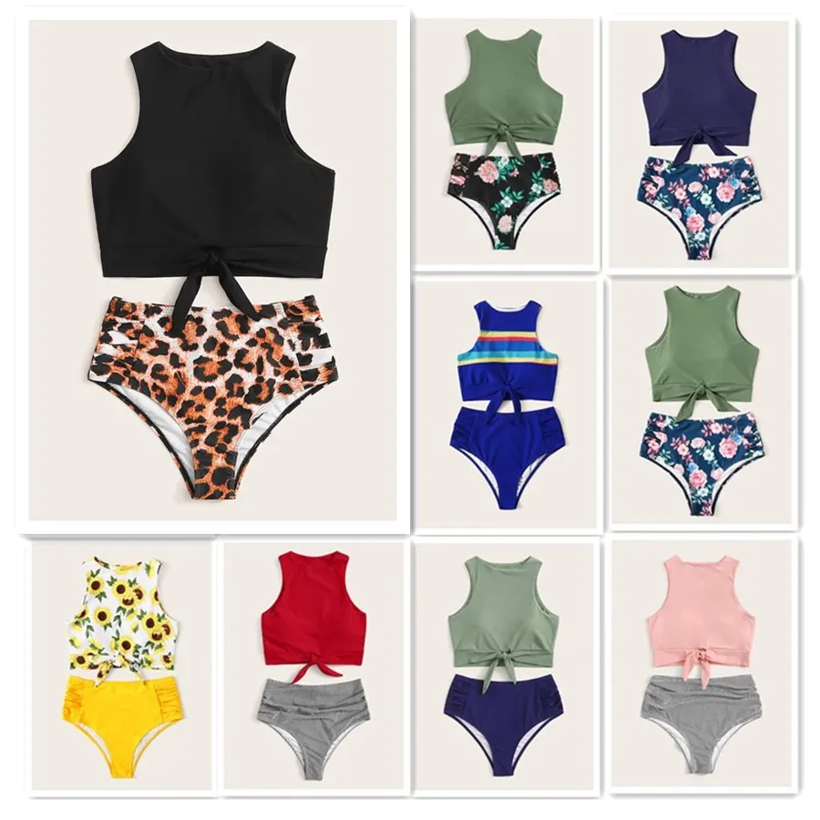 

17 Colors Women High Waist Push Up Bikini Set Leopard Striped Bow-tie Swimsuit Swimwear Wrinkle Plavky Tankini Biquini Swim Suit