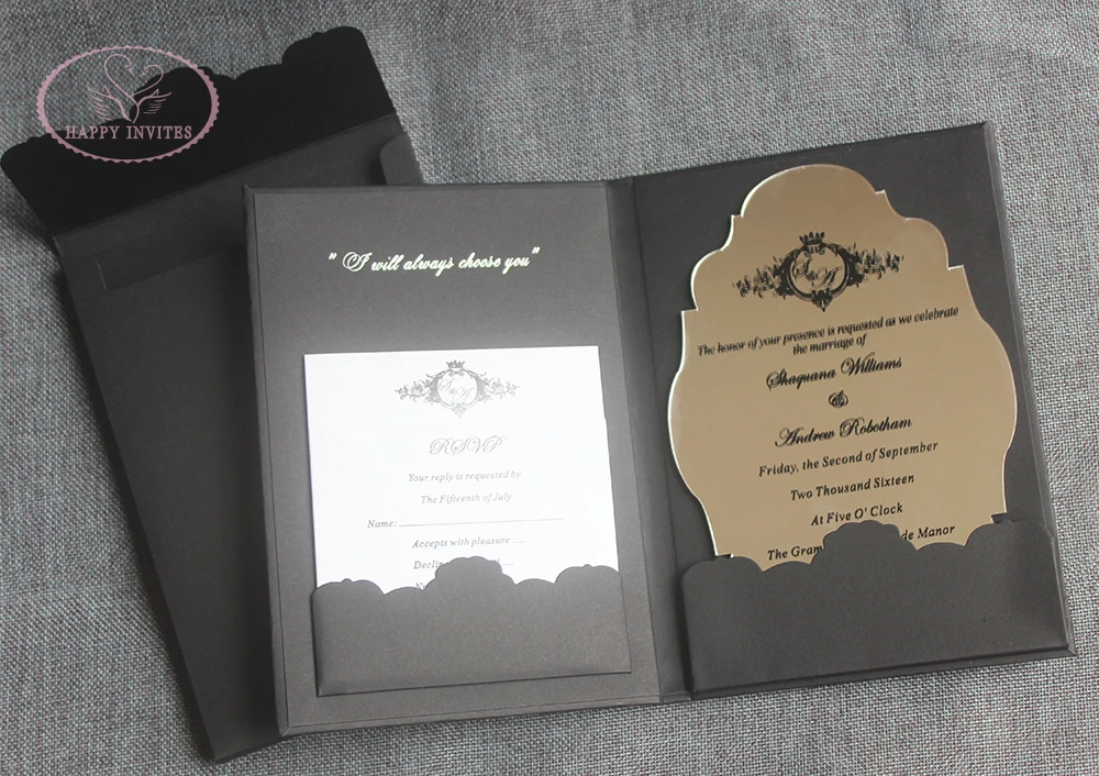 HI1156-06 Custom Black & White Hardcover  Wedding Card with Silver Foil and Acrylic Invitation with Black Letters Made in China