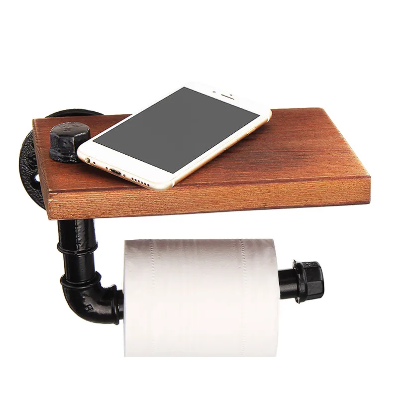 

Bathroom Shelves Industrial Retro Iron Toilet Paper Holder Bathroom Hotel Roll Paper Tissue Hanging Rack Wooden Shelf Holder