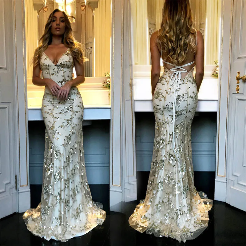 Женское вечернее платье с v образным вырезом и блестками длинное высокой талией