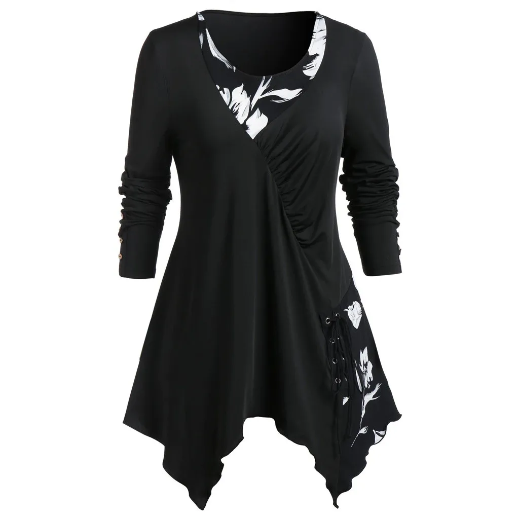 MISSOMO Autumn Women Long Sleeve t shrit women O-Neck Floral Print Button Bandage Casual tops Tees Winter Plus Size Female - Цвет: F