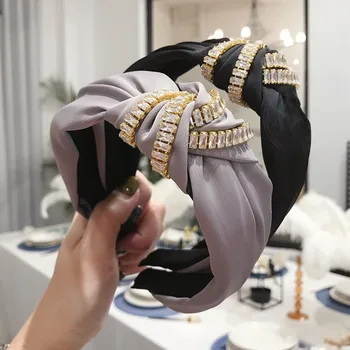 

Classic Solid Color Cloth Hair Bands for Women Flash Rhinestone Double Chain Knotted Head Band Hair Hoop Girls Hair Accessories