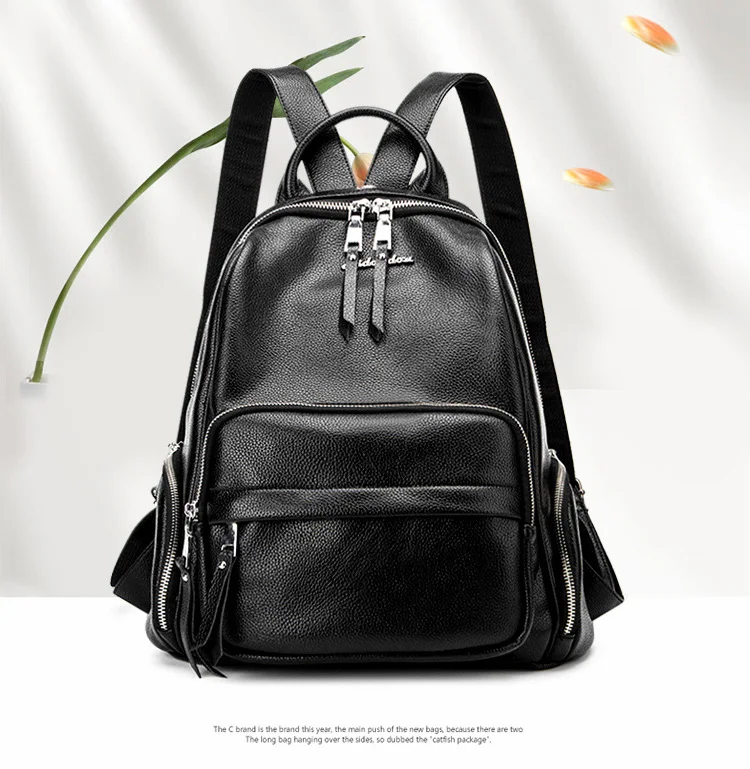 Double zipper Women Backpack Retro Black Ladies Large Soft Real Leather Backpacks Purse 15 inch Casual Girls School knapsack Bag (1)