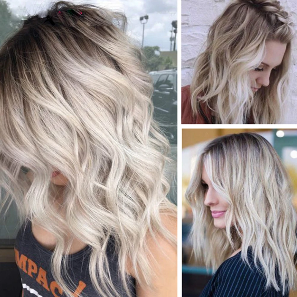 

Tinashe Beauty 14 Inch Short Loose Wave Wigs Synthetic Bob Wig Hair with Neat Hair for Black Women Pink Dark Root Blonde Wigs