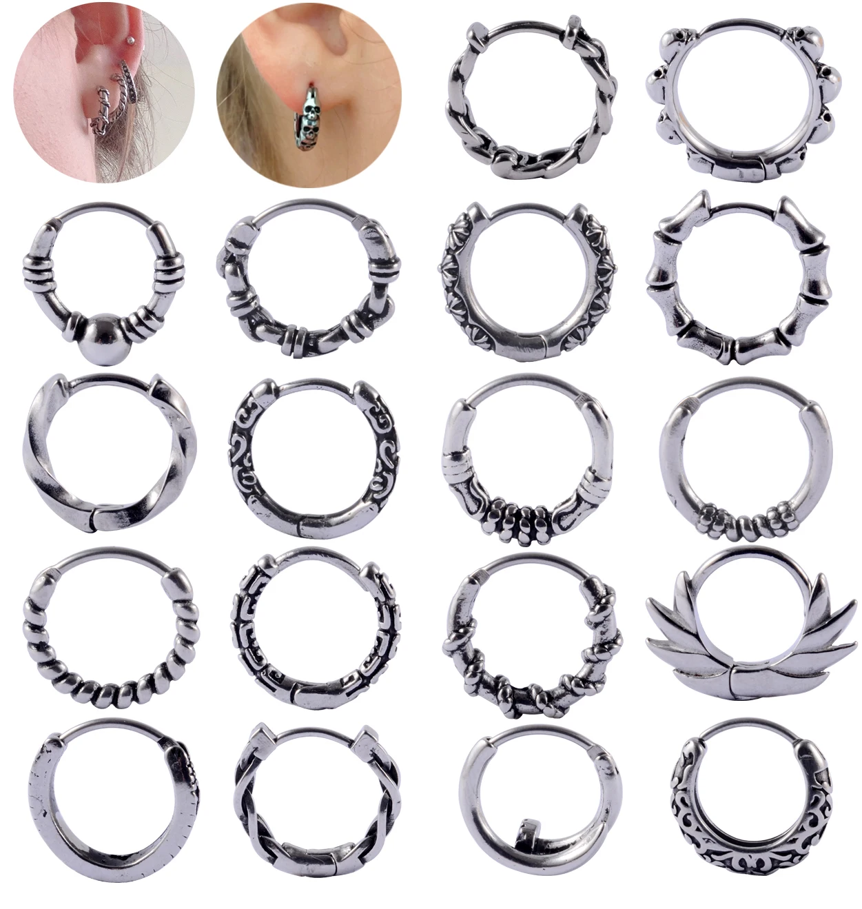 Earring 1PC Vintage Silver Color Earring For Unisex Small Hoop Rings Punk Ear Bone Cartilage Helix Septum Nose Loop Piercing Jewelry