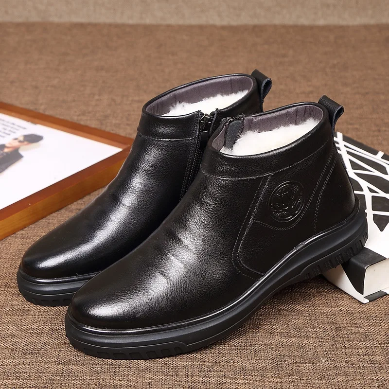 

2019 Winter New Style Men Cotton Boots Genuine Leather Full-grain Leather Martin Boots Wool Warm Short Boots