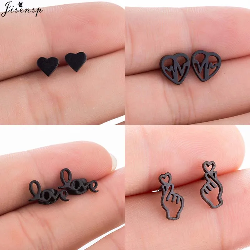 Jisensp Romantic Jewelry Stainless Steel Hollow Heart Earrings Korean Style Unique Heart Gesture Stud Earrings for Women Girls