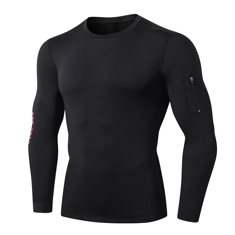 Мужская футболка Rashguard, Мужская компрессионная футболка, футболка для спортзала, черная футболка с длинным рукавом, камуфляжная рубашка с рукавом и карманом на молнии, базовый слой для мужчин