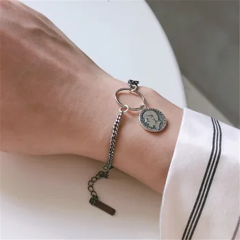

POFUNUO Real 925 Sterling Silver Make Old Gun Black Minimalist Bracelets Women Vintage Old Captain Coin Charm Distress Bracelet