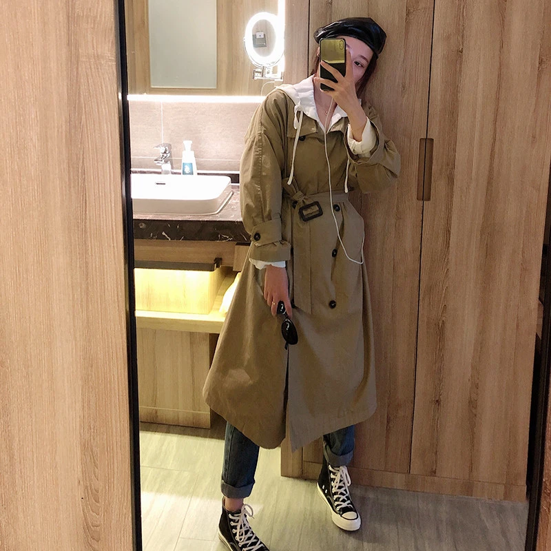 

2019 Autumn Double Breasted Wide Waisted Long Trench Woman Easy Solid Color Belt Loose Coat