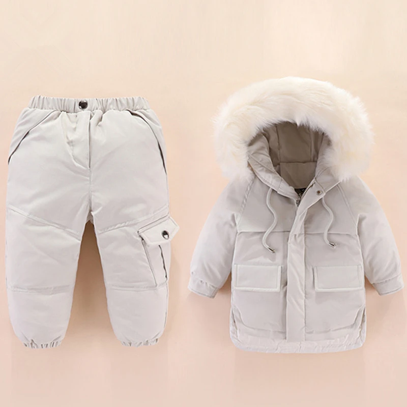 

Toddler Girl Clothing Sets -30 Degree Russia Winter Duck Down Jackets Kids Hooded Coat + Overall Children SnowSuit Baby Boys Set