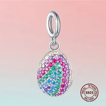 

Authentic 925 Sterling Silver Rainbow Egg Beads Original Design Colorful Zircon Oval Shape Charm DIY Bracelet Necklace Pendant