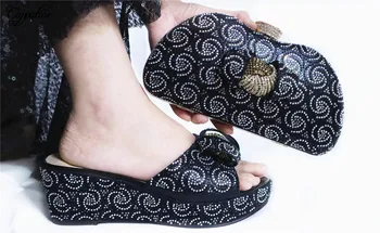 

Black Wedge Heel Shoes With Handbag Set African Slipper Shoes And Purse Bag Set With Rhinestones GL1912-5 Heel Height 7cm
