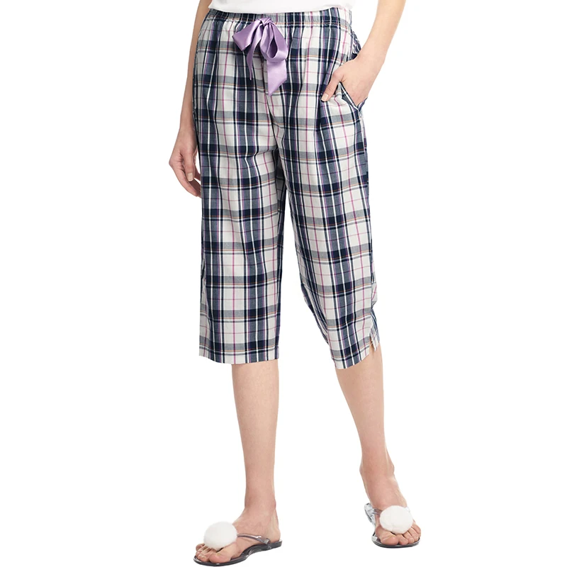 THREEGUN пижамные штаны длиной до середины икры, Женская клетчатая одежда Xadrez, домашняя одежда из хлопка, летняя Новинка, для отдыха, атласные кружевные шелковые шорты для сна - Цвет: Navy 40