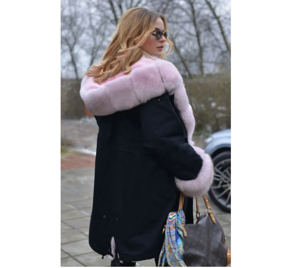 CKMORLS, Новое поступление, черная куртка с розовым меховым воротником, парки из натурального меха для женщин, зимнее пальто, толстое теплое, плюс размер, капюшон, меховая куртка
