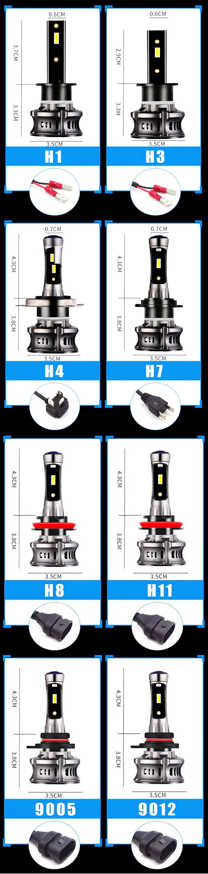 2 шт. H4 H7 H11 H8 H10 H1 H3 9005 HB3 9006 HB4 5202 H27 880 881 9012 автомобиля светодиодный лампы для передних фар(Подол короче спереди и длиннее сзади) Луч авто фары противотуманные фары