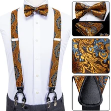 

Luxury Silk Adult Men's Suspenders Leather Metal 6 Clips Braces Men's Wedding Party Bow Tie and Vintage Elastic Suspenders Men