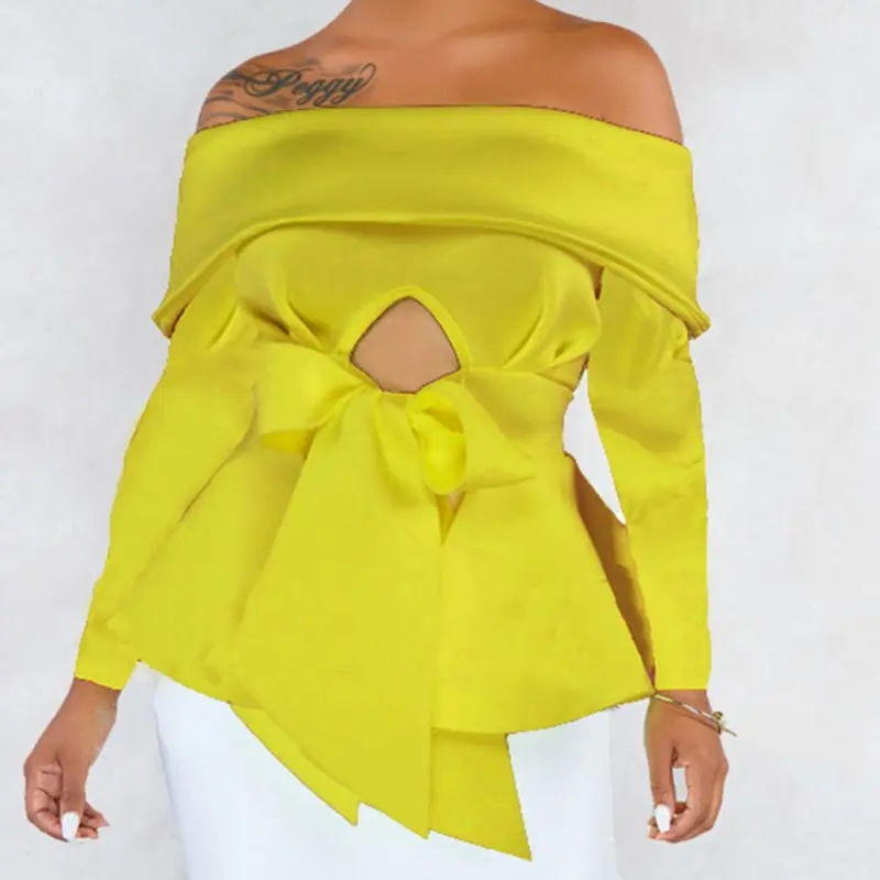 

Autumn Winter Off Shoulder Long Sleeve Blouse Sexy Women Hollow Asymmetrical Yellow White Ruffles Bowknot Irregular Tops Fall