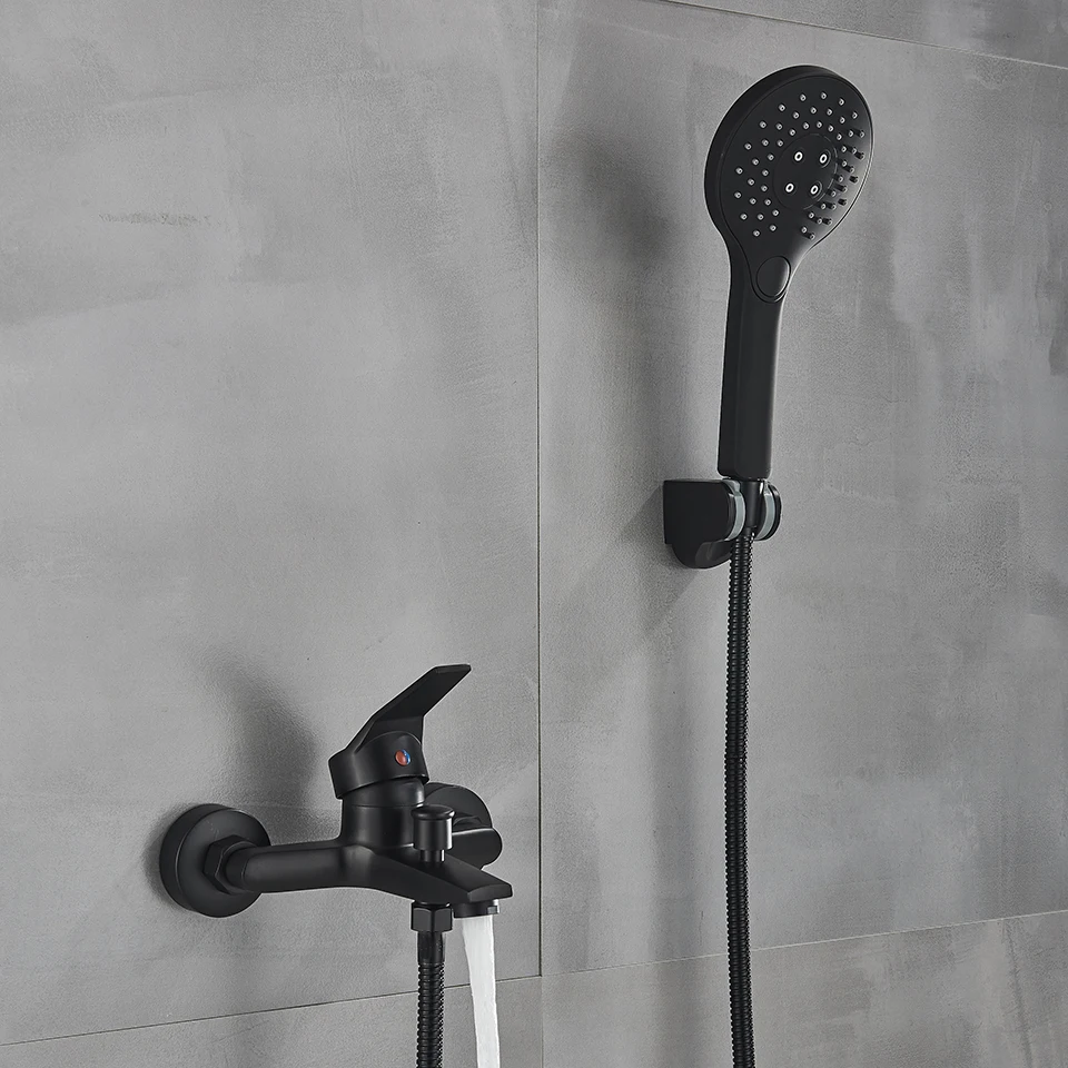 Matte Black Bathroom Shower Faucet Bath Faucet Mixer Tap ABS Hand Shower Set Wall Mount Black Shower Control Valve Taps 5