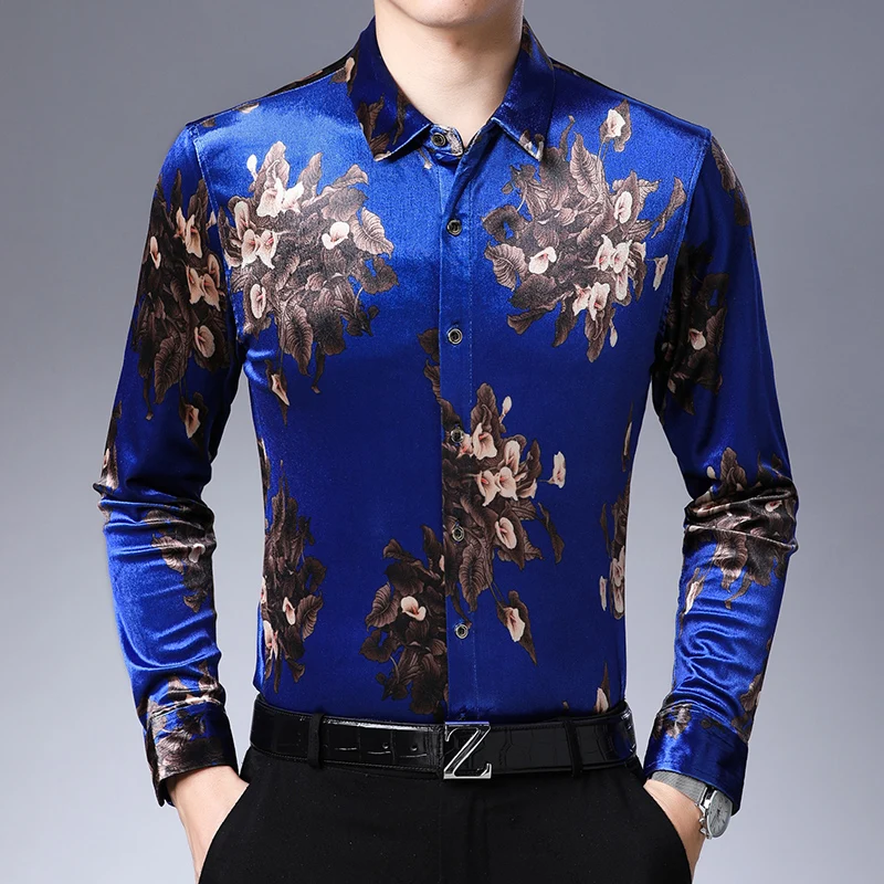 Velvet Shirts Mens Flowers Printed Silk 