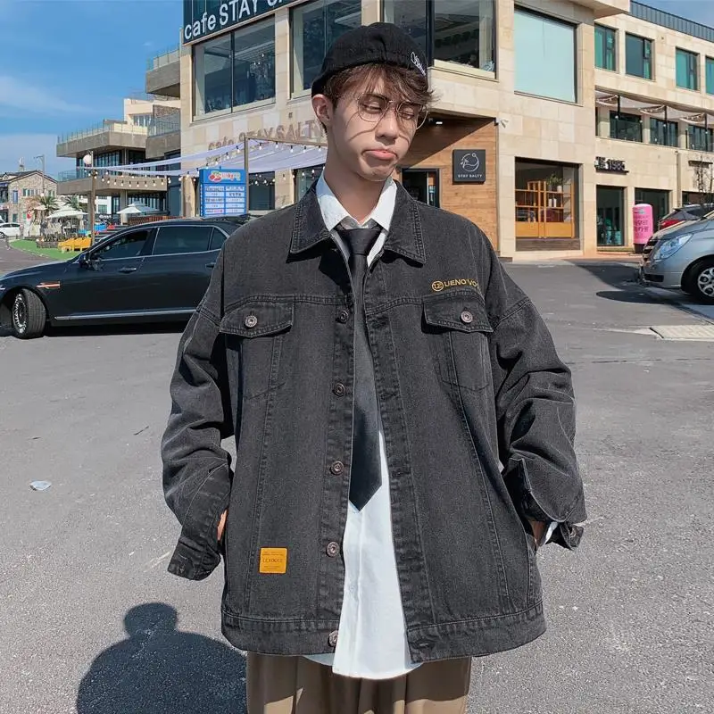 

Nice Spring And Autumn Pop Hong Style Loose Fashion Student Cowboy Versatile Tooling Men Jacket Black / Blue S-2XL